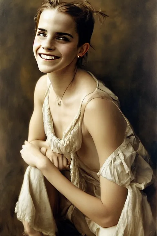 Image similar to emma watson smiling laughing gathered faille v - neck smiling detailed portrait painting by gaston bussiere craig mullins j. c. leyendecker photograph by richard avedon peter lindbergh annie leibovitz