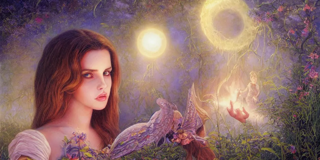 Image similar to big-eyed Lana Del Rey staring into the camera, sundown misty firefly wisps, Lilia Alvarado, Sophie Anderson, Mark Arian, Bob Byerley, Charlie Bowater, Mark Brooks, Steve Henderson, Justin Gerard, Arthur Hughes, Edward Robert Hughes, Mark Keathley, Victor Nizovtsev, Carlos Shwabe, Ross Tran, WLOP
