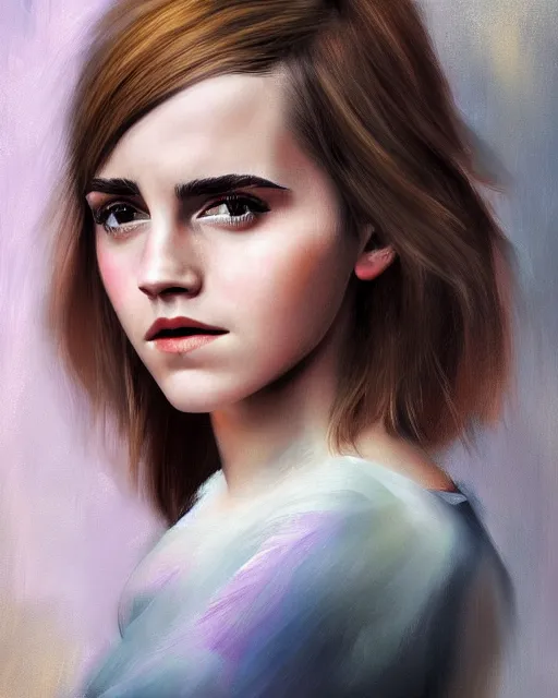 Image similar to detailed digital painting of a emma watson, half body portrait, chinese artwork, soft brushstrokes, pale skin, subsurface scattering, warm lighting
