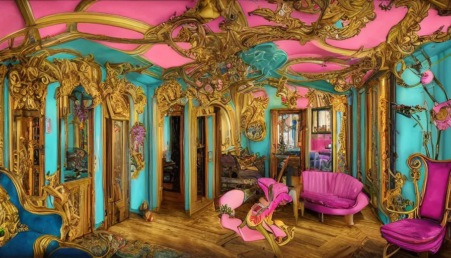 Prompt: a huge maximalist standalone maximalist tinyhome. seen from the distance. art nouveau rococo in the style of caravaggio. hd 8 x matte background in vibrant vivid pastel colour textures