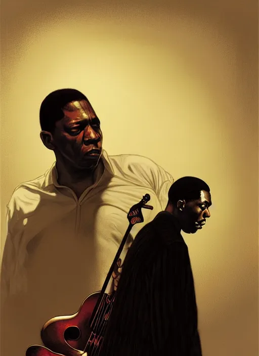 Image similar to john coltrane meeting mingus in a dark corner, intricate, elegant, highly detailed, digital painting, artstation, concept art, smooth, sharp focus, illustration, art by wlop, mars ravelo and greg rutkowski