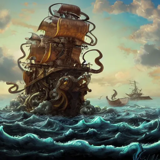 Image similar to kraken crushing pirate ship under sunny skies, trending on artstation, ultra fine detailed, hyper detailed, hd, concept art, digital painting