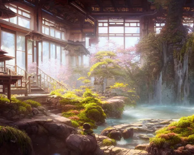 Image similar to highly detailed picture of an onsen, stephen bliss, unreal engine, fantasy art by greg rutkowski, loish, rhads, ferdinand knab, makoto shinkai and lois van baarle, ilya kuvshinov, rossdraws, tom bagshaw, global illumination, radiant light, detailed and intricate environment