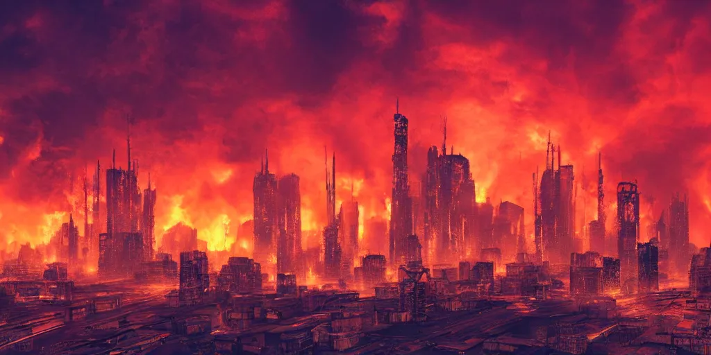 Image similar to cyberpunk moscow, burning houses, demons, evacuation of the city, red horizon, fire on the background