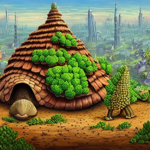 Image similar to a armadillo city with broccoli houses, highly detailed, fantasy art