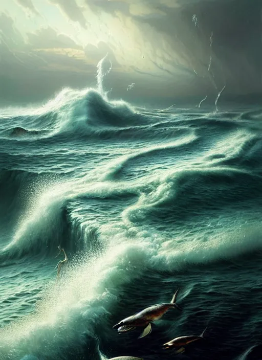 Image similar to a hyper - detailed 3 d render like a oil painting of aquatic animals cresting and crashing tidal waves, surrealism!!!!! surreal concept art, lifelike, photorealistic, digital painting, aesthetic, smooth, sharp focus, artstation hd, by greg rutkowski, bruce pennington, valentina remenar and asher duran,