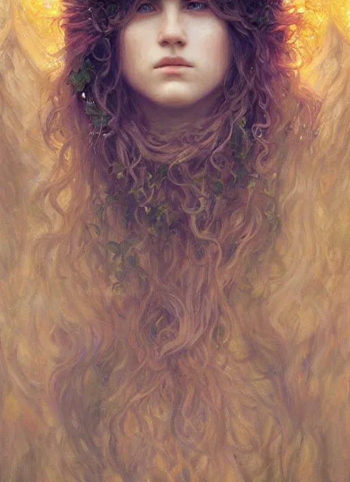 Prompt: Druid portrait, by Jean Delville and Sophie Anderson and Mandy Jurgens, golden ratio, perfect composition, elegant, no crop, extremely detailed, hd, masterpiece, artstation