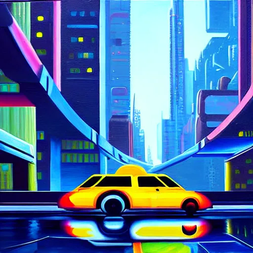 Image similar to flying futuristic taxis in cyberpunk city, oil painting