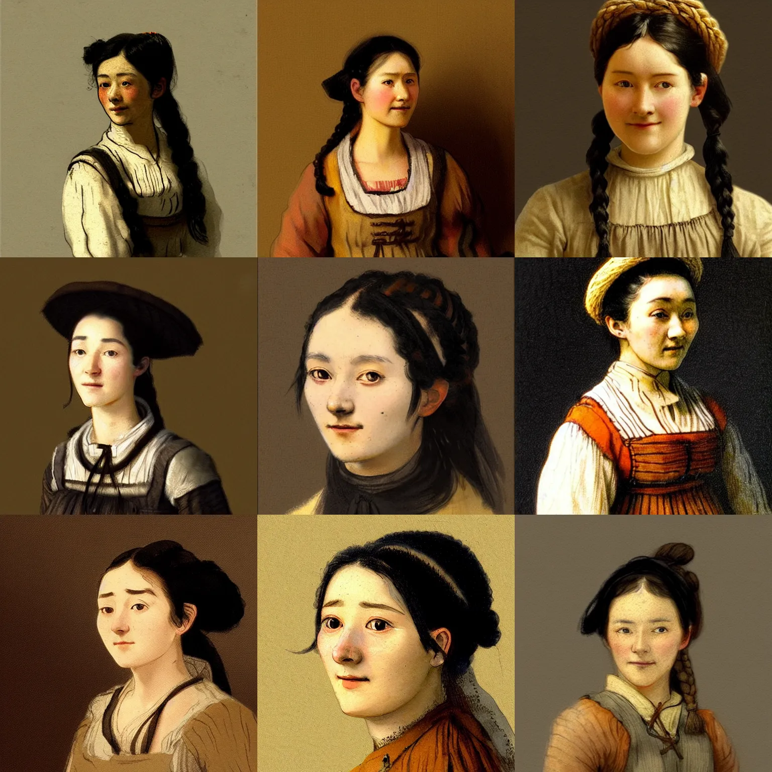 Prompt: a sadly smiling black haired, young hungarian peasant woman from the 19th century who looks very similar to Lee Young Ae with a hair braid, detailed, low colours, shadows, concept art by Rembrandt and Csók István