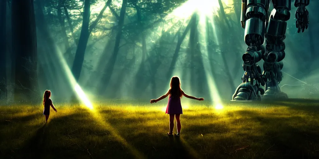 Image similar to sci - fi scene future new york, little girl holding the hand of a giant robot, forest punk, crepuscular rays, epic scene, hyper realistic, photo realistic, 8 k resolution, overgrowth, cinematic atmosphere, ethereal lighting,