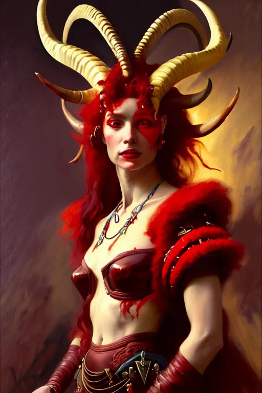 Image similar to painted close - up portrait of a very attractive red - skinned intimidating demon alien queen with ram horns! oil painting, wearing a noblewoman's outfit, fantasy art by john singer sargent and gaston bussiere and james jean and greg rutkowski, demon noble character design, hd