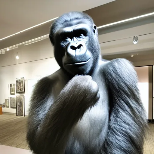 Prompt: an award winning glass blown art installation of a gorilla, museum lighting