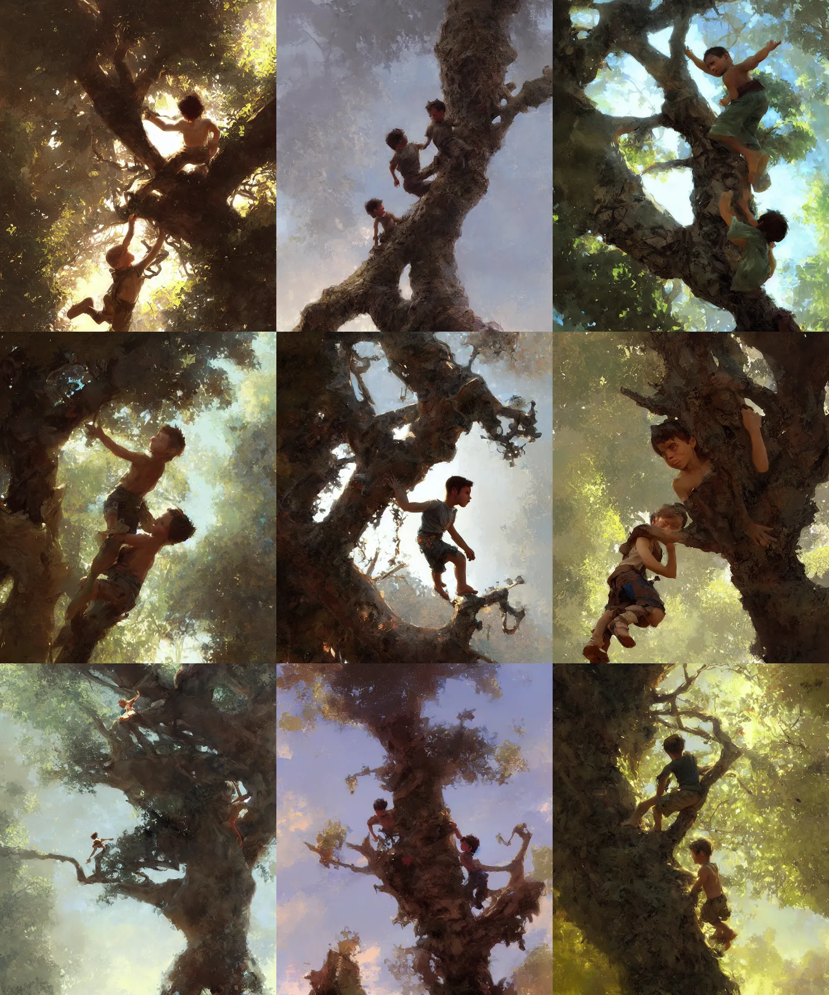 Prompt: digital art painting of a young boy climbing a tree painted by craig mullins and gaston bussiere and greg rutkowski, dramatic lighting