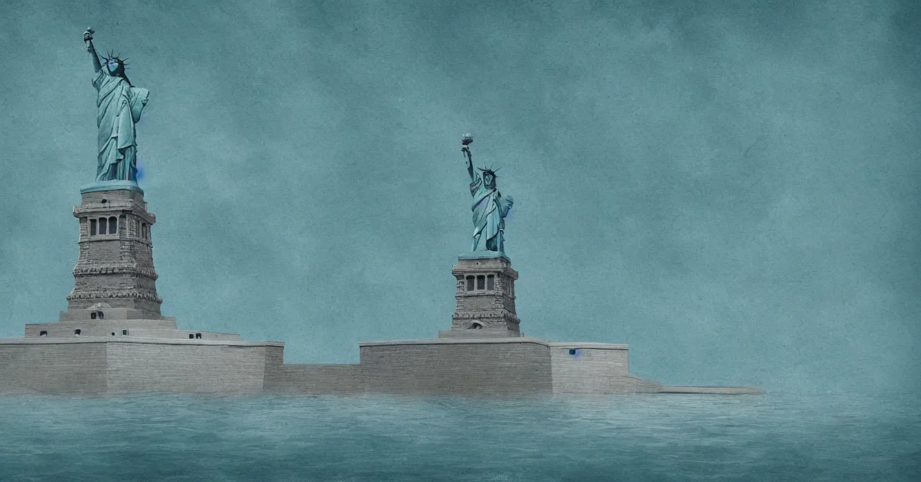 Prompt: imagination of the statue of liberty swimming in the water, digital art, composition