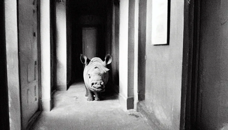 Prompt: a rhinoceros in a stalinist style house corridor, by mini dv camera, very very low quality, heavy grain, very blurry, accidental flash, caught on trail cam