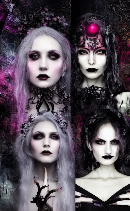 Image similar to three stunning otherworldly gothic goddesses of beauty wearing psychedelic wicca, dark and mysterious, atmospheric, ominous, eerie, cinematic, epic, 8 k, 4 k, ultra detail, ultra realistic, rendered by awesomeness