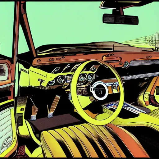 Prompt: interior of a mustang, richard corben style