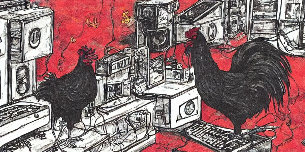 Image similar to 'black rooster'!!! smoking 'cannabis'!!!!!! in front of 'audio console'!!!! and 'pc masterrace RGB custom build'!!!!! 'multi monitors and projectors'!!!! 'in a hi-tech tv broadcasting studio with red camera rig'!!!!, artwork by James Gilleard