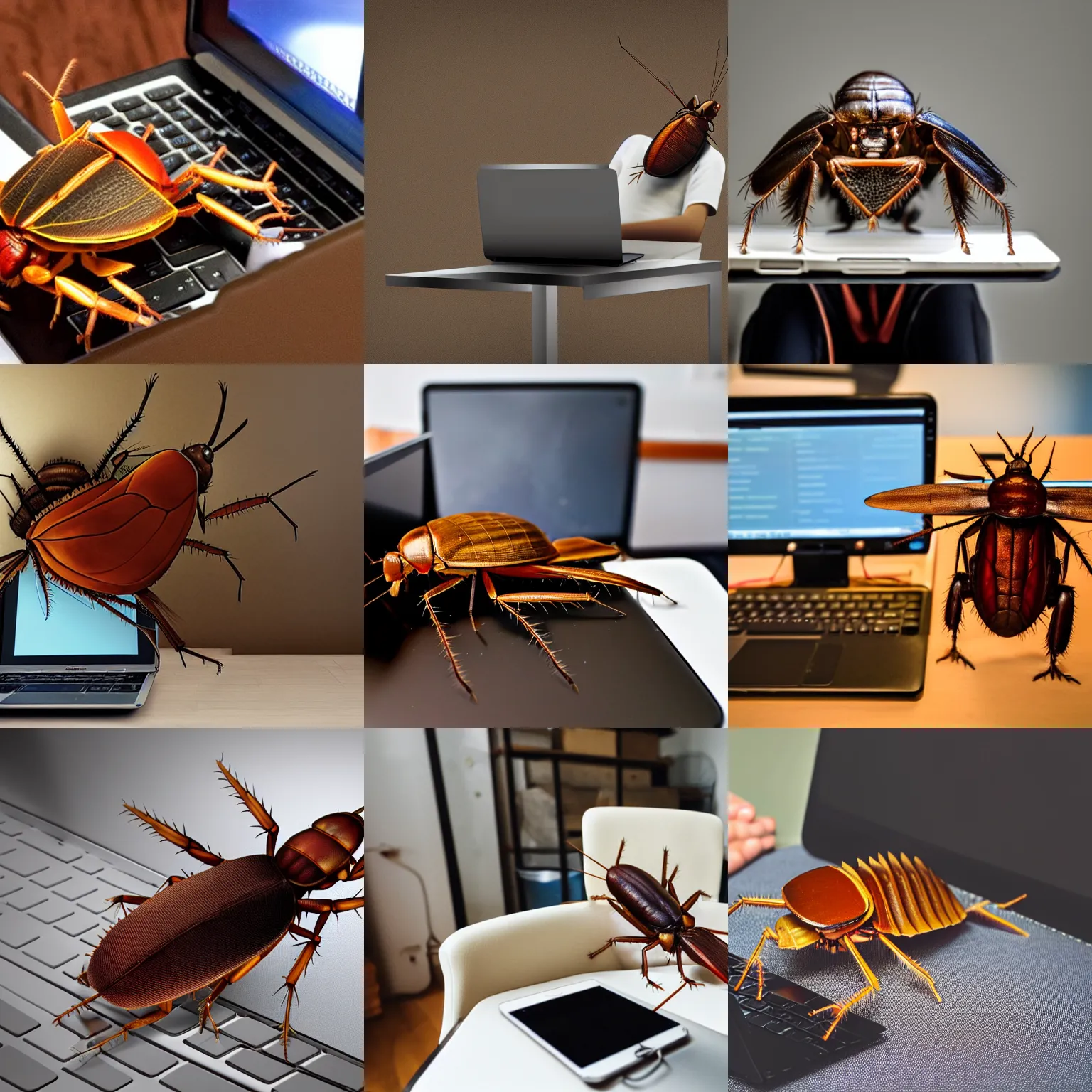 Prompt: Human-sized cockroach sitting in a chair in front of a laptop