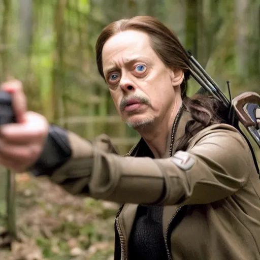 Image similar to movie still of Steve Buscemi as Katniss in The Hunger Games