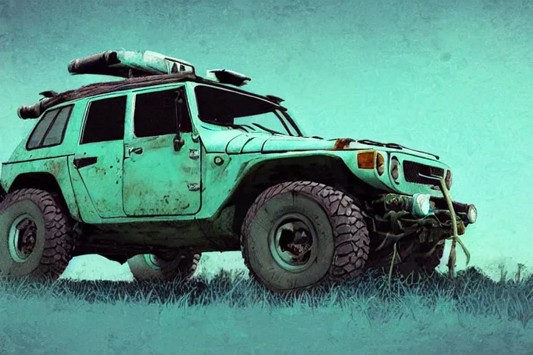 Image similar to digital illustration of a futuristic faded cyan mad max's fj 4 0 decrepit!!!! pursuit special, rusty!!! cyberpunk nissan fj cruiser heavily modded 1 9 9 0 s, the last v 8 interceptor by makoto shinkai, ilya kuvshinov, lois van baarle, rossdraws, basquiat