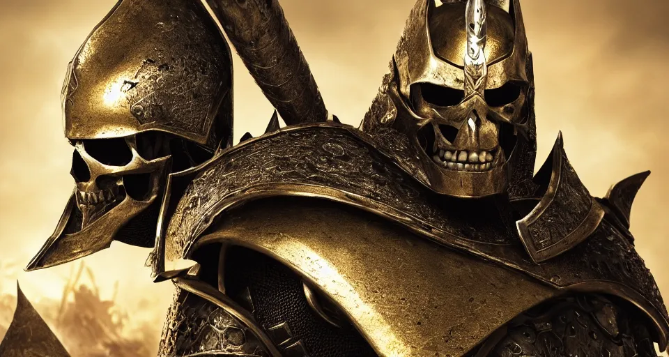 Prompt: full frame render of A skull faced knight with a skull mask, wearing a golden set of armor standing strong in the middle of a battlefield, hyper realistic, unreal, craig mullins, alex boyd, lord of the rings, game of thrones, dark souls, skyrim, dragon age, artstation, cinematic shot, warhammer, dungeons and dragons