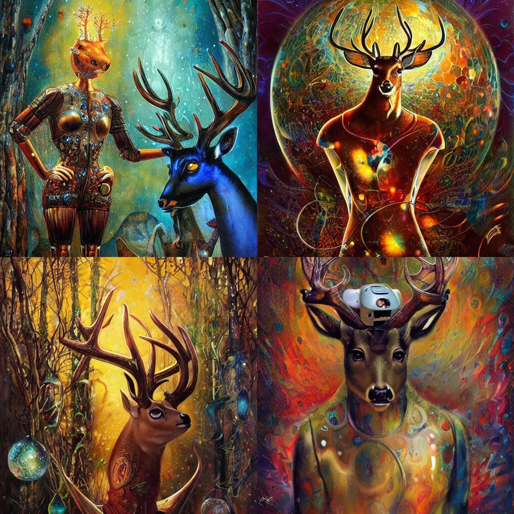 Prompt: A deer and a robot have a psychedelic mushroom experience, art by karol bak