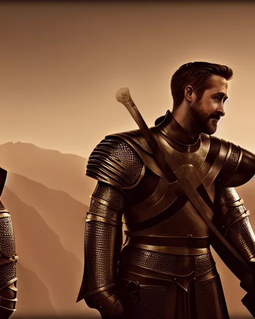 Image similar to portrait of ryan gosling and jake gyllenhaal as medieval knights rendered in unreal engine 5, by wlop, greg rutkowski, and peter mohrbacher, octane render, ultra high detail, 3 d, extremely detailed shading, concept art, character design, trending on artstation, atmosphere, glow, cinematic lighting, full of color