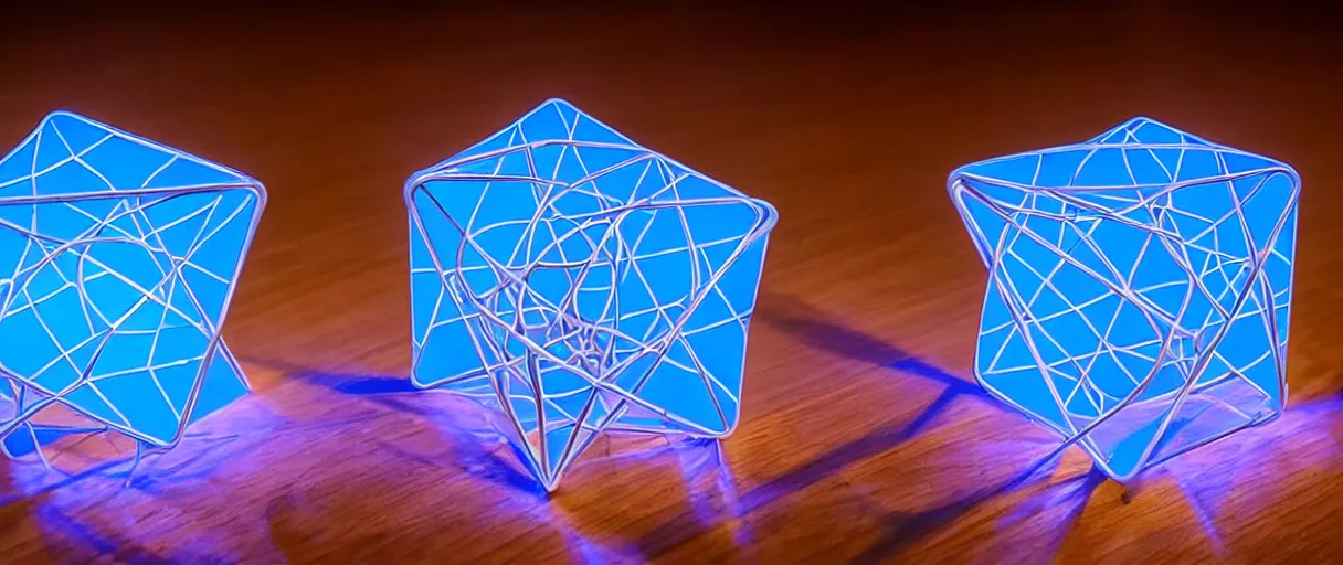 Image similar to hyperrealistic highly detailed sacred geometry impossible object in motion dramatic blue lighting wide angle hd 8k sharp shallow depth of field