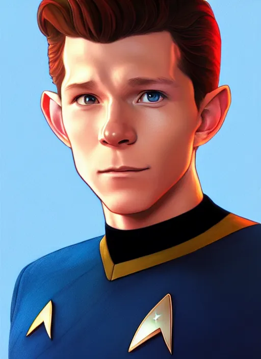 Image similar to cute star trek officer tom holland, natural lighting, path traced, highly detailed, high quality, digital painting, by don bluth and ross tran and studio ghibli and alphonse mucha, artgerm