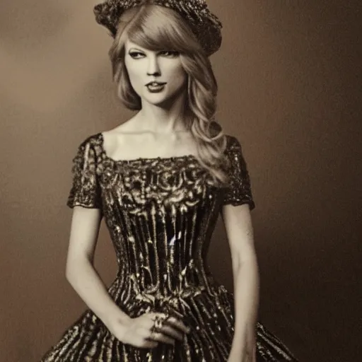 Image similar to daguerreotype of taylor swift wearing southern belle clothes, very detailed, very intricate,