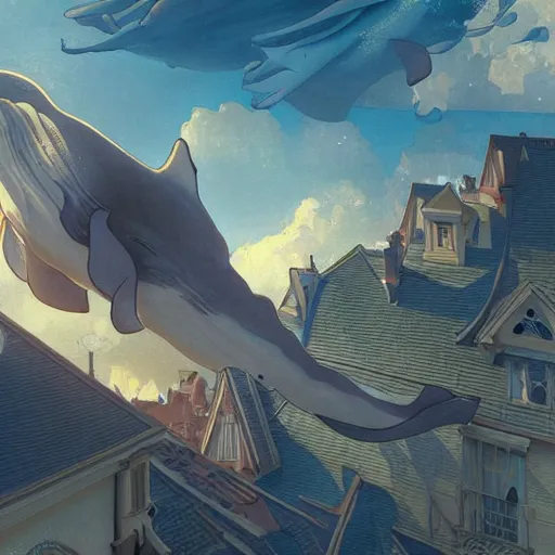 Prompt: Whales in the sky over the rooftops, highly detailed, digital painting, artstation, illustration, art by artgerm and greg rutkowski and alphonse mucha