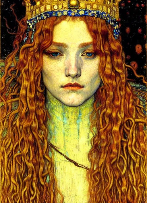 Image similar to detailed realistic beautiful young medieval queen face portrait by jean delville, gustav klimt and vincent van gogh, art nouveau, symbolist, visionary, gothic, pre - raphaelite, muted earthy colors, desaturated