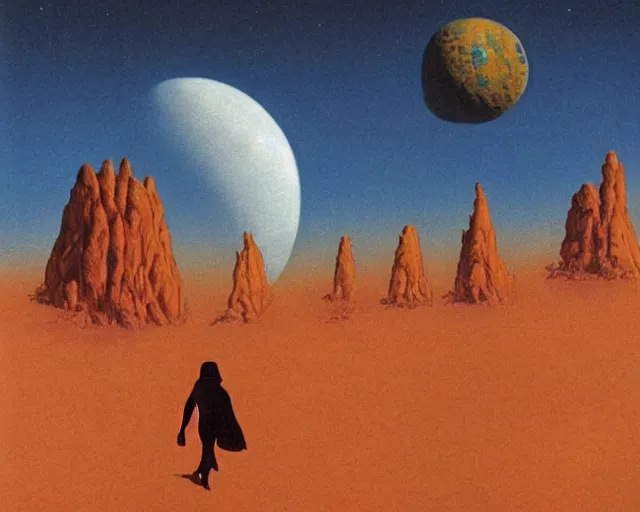 Image similar to roger dean 1 9 8 0 s art of a lone wanderer walking in the dry desert of a strange bizarre alien planet surface, moon in sky, imagery, illustration art, album art