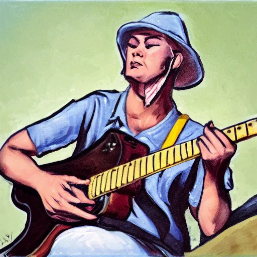 Image similar to concept art of a black mouth cur playing guitar