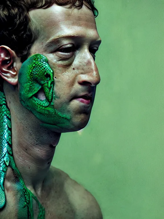 Image similar to portrait of a mark zuckerberg, skin peeling to reveal green! scales!, forked snake tongue sticking out, art by ryo shiotani and greg rutkowski, intricate, beautiful, portrait photography cinematic lighting, vintage art by serge ivanoff, high resolution, very detailed