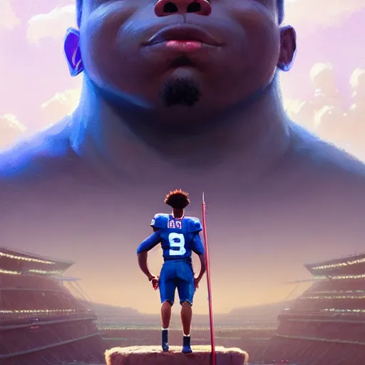 Image similar to highly detailed portrait of saquon barkley as a giant towering over a football stadium, unreal engine, fantasy art by greg rutkowski, loish, rhads, ferdinand knab, makoto shinkai and lois van baarle, ilya kuvshinov, rossdraws, tom bagshaw, global illumination, radiant light, detailed and intricate environment h 6 0 4