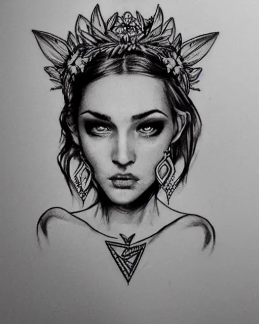 Prompt: tattoo sketch of beautiful model as aphrodite greek goddess wearing a laurel wreath and arrowhead earrings, hyper - realistic, beautiful piercing eyes, small and sharp pupils, sexy look, in the style of den yakovlev, amazing detail, fantasy, elegant, smooth, sharp