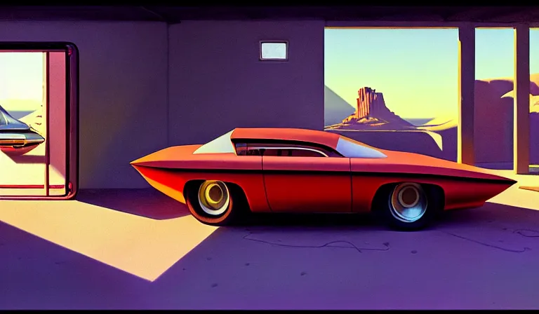 Image similar to a cinematic matte painting of a sleek 1 9 6 0 s vaporwave retro - futurism sci - fi car in a cluttered garage in the american southwest. cactus. by eric lafforgue, glennray tutor and edward hopper, greg rutkowski. trending on artstation.