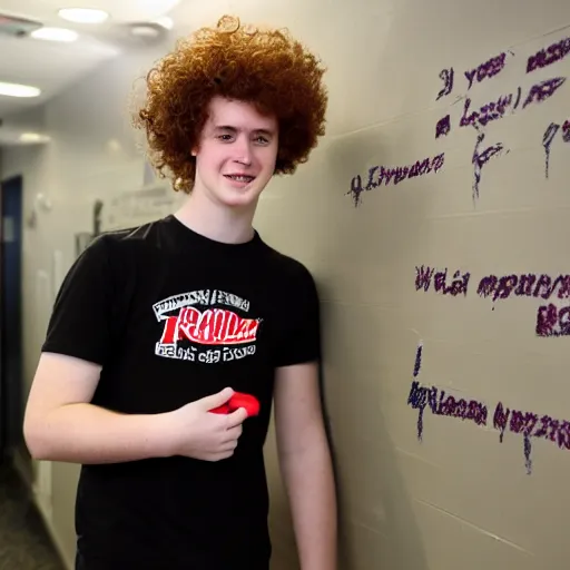 Image similar to 21 year old Jimmy John’s manager with pale skin and reddish brown curly hair is wearing a sleeveless black top and tapping a computer screen on the wall