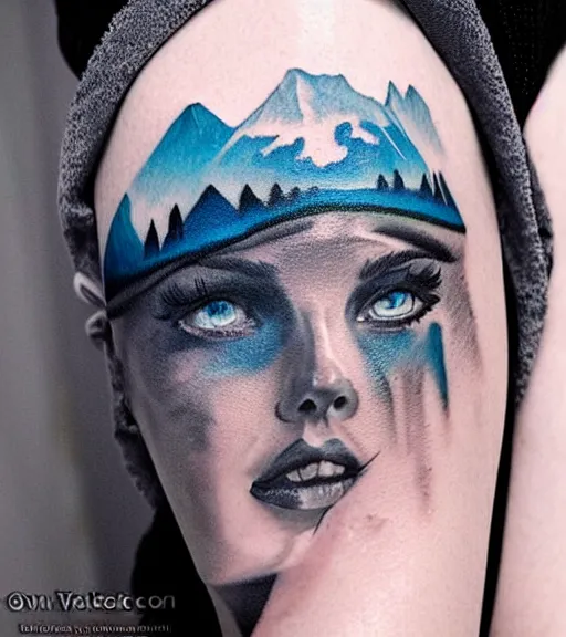 Image similar to tattoo design sketch of a beautiful blue - eyed woman face with a faded background of beautiful mountains and nature on her side, hyper - realistic, in the style of den yakovlev, amazing detail, black and white