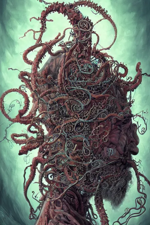 Image similar to centered horrifying detailed side view profile portrait of a insane, crazed, mad old bald zombie, ornate tentacles growing around, ornamentation, thorns, vines, tentacles, elegant, beautifully soft lit, full frame, 8 k by wayne barlowe, peter mohrbacher, kelly mckernan, h r giger