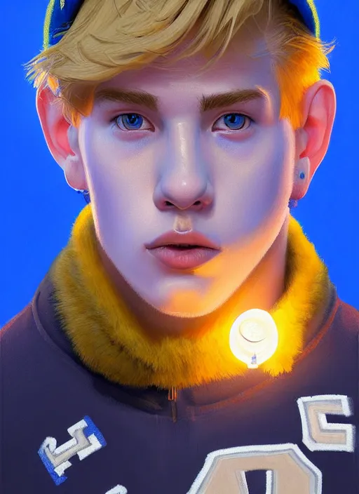 Image similar to portrait of high school senior boy named big moose, blonde short hair, jock, beefy, wide face, square jaw, square facial structure, blue varsity jacket with letter r, intricate, elegant, glowing lights, highly detailed, digital painting, artstation, concept art, sharp focus, illustration, art by wlop, mars ravelo and greg rutkowski