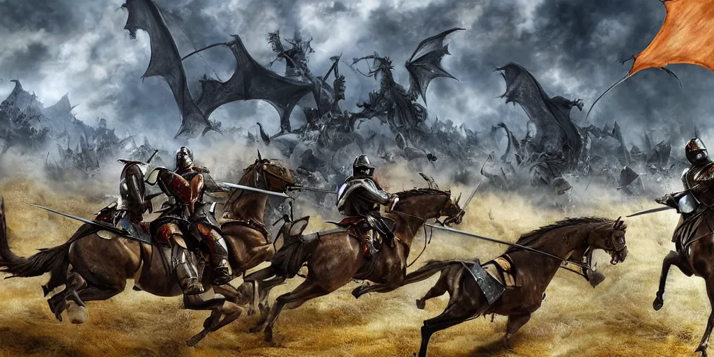 Image similar to detailed digital painting of a battle scene, mounted knights fighting against a dragon from the computer game master of magic ( 1 9 9 4 ), cinematic shot, very detailed, unreal engine, hyper realism, realistic shading, cinematic composition, blender render, octane render, hdr, detailed textures, photorealistic, very wide shot, 1 6 mm lens