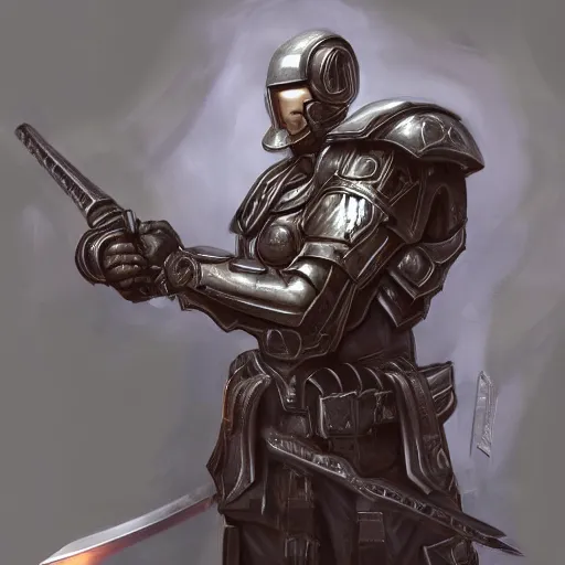 Image similar to Full body portrait of a futuristic super-soldier wearing roman style mechanized body armor and wielding a god-slaying sword, D&D, fantasy, elegant, hopeful, muscular, gothic, futuristic, intelligent, highly detailed, digital painting, artstation, concept art, smooth, sharp focus, illustration