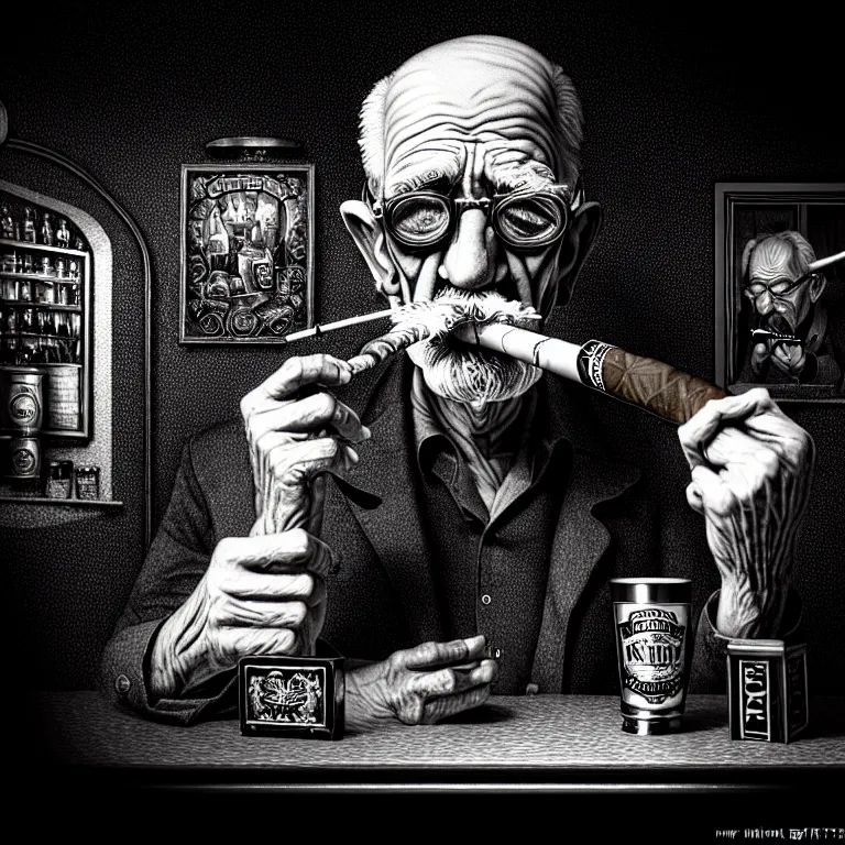 Prompt: a intricately detailed portrait of an old man smoking a lit cigar in an irish pub with a neon bar, smoke rising like clouds, balanced, symmetrical, super resolution, trending on art station, volumetric lighting & shadows, hyper detailed, digital art, unreal engine, in the style of a escher, 4 0 0 mm f 1. 8,