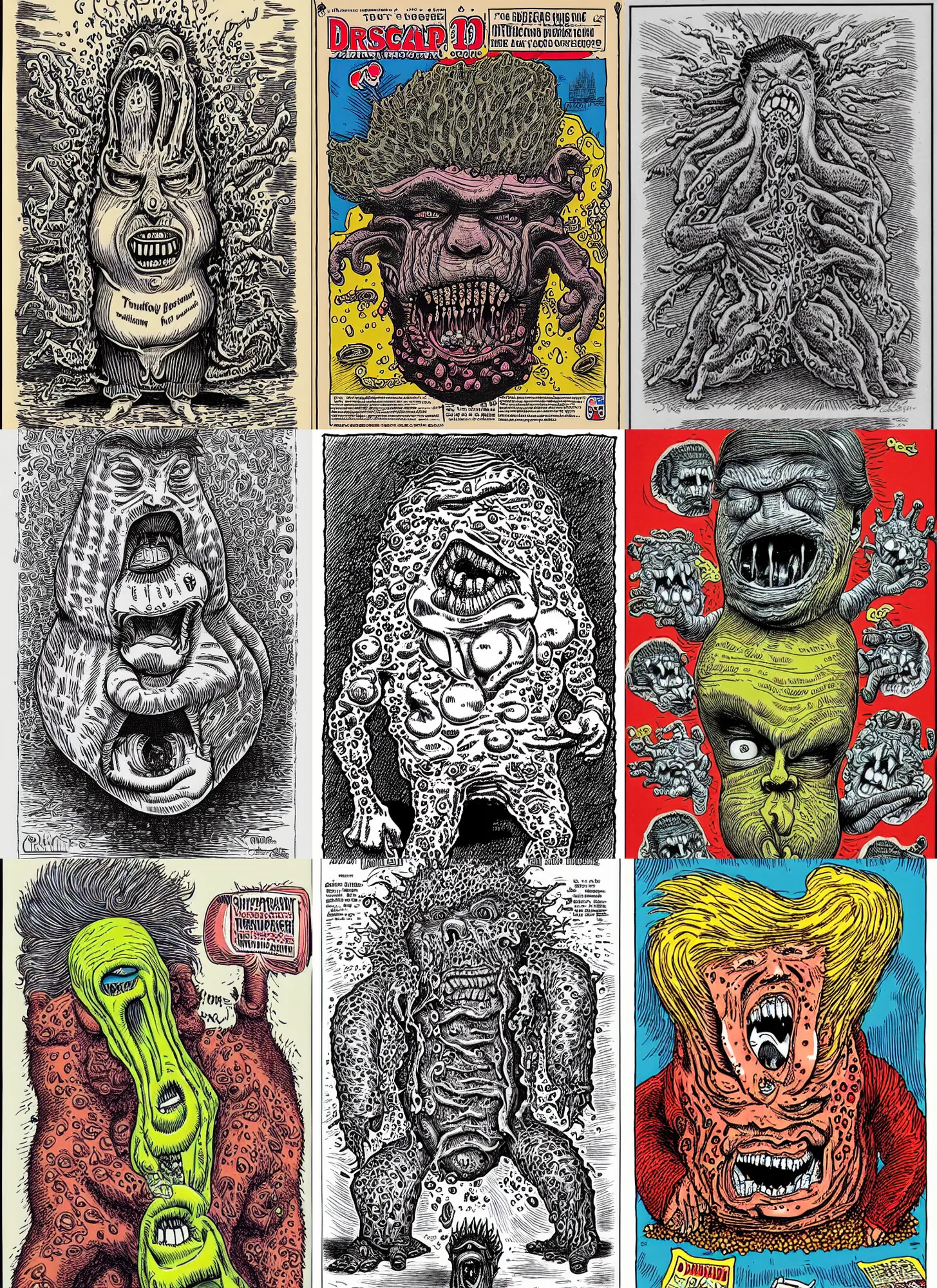 Prompt: donald trump's disgusting true form bursting from within, gross, slimy, sleazy, pustules, high details, intricate details, by robert crumb