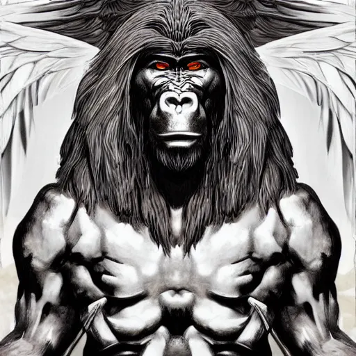 Image similar to 4K headshot portrait of godlike Gorilla of Nazareth with defined arms and open hands and bloody clothes with giant mandala wings , intricate face , flawless anime cel animation by Kentaro Miura, psychedelic , highly detailed upper body , professionally post-processed , beautiful, scary, symmetry accurate features, epic, octane rendered, anime masterpiece, accurate by Craig Mullins, ilya kuvshinov, krenz cushart, epic , artgerm trending on artstation by Edward Hopper and Dan Mumford and WLOP and Rutkovsky, beksinski carl spitzweg moebius and tuomas kocar, intricate artwork by caravaggio, Unreal Engine 5, Lumen, Nanite