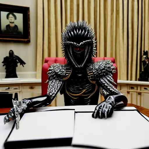 Prompt: a person cosplaying griffith from berserk manga by kentaro miura sitting at his white house oval office desk