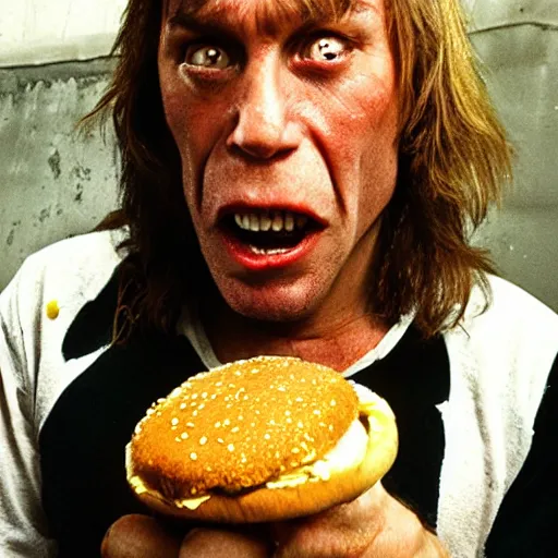 Prompt: eddie from iron maiden eating a hamburger